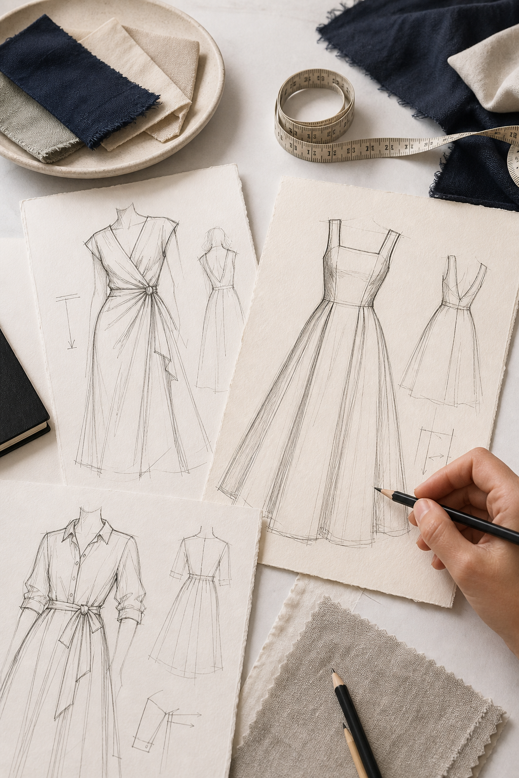 Designer hand sketches of custom woven dress silhouettes with fabric swatches