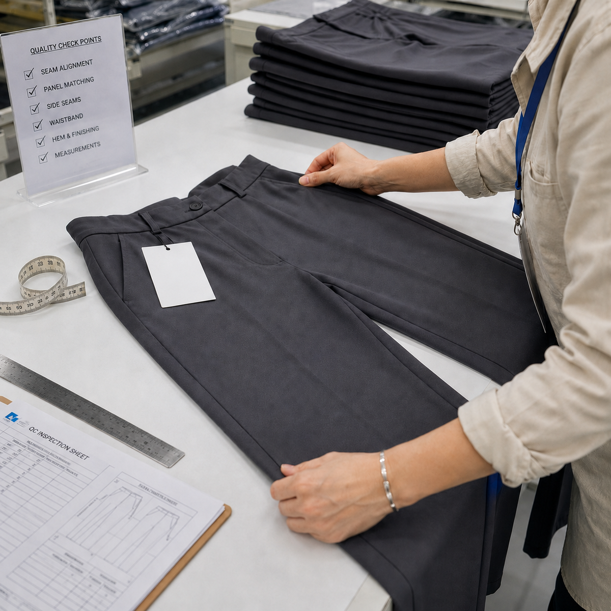 Apparel factory worker inspecting finished garments for quality